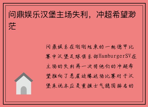 问鼎娱乐汉堡主场失利，冲超希望渺茫