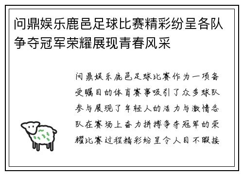 问鼎娱乐鹿邑足球比赛精彩纷呈各队争夺冠军荣耀展现青春风采