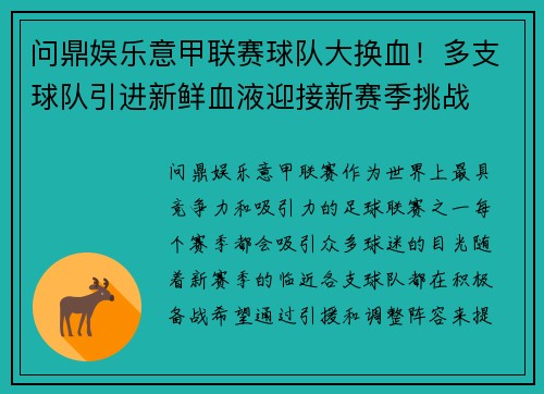 问鼎娱乐意甲联赛球队大换血！多支球队引进新鲜血液迎接新赛季挑战